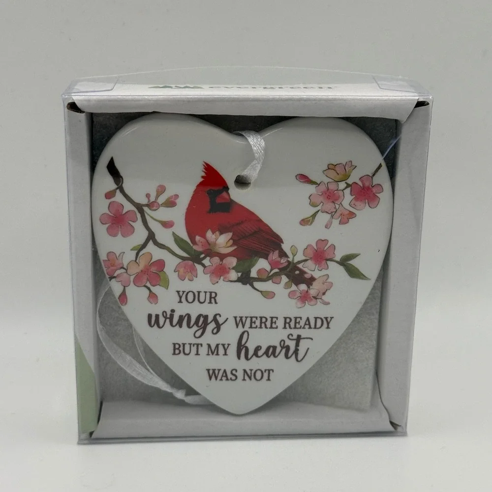 NEW Evergreen Ceramic Memorial Heart Cardinal Ornament Your Wings Were Ready